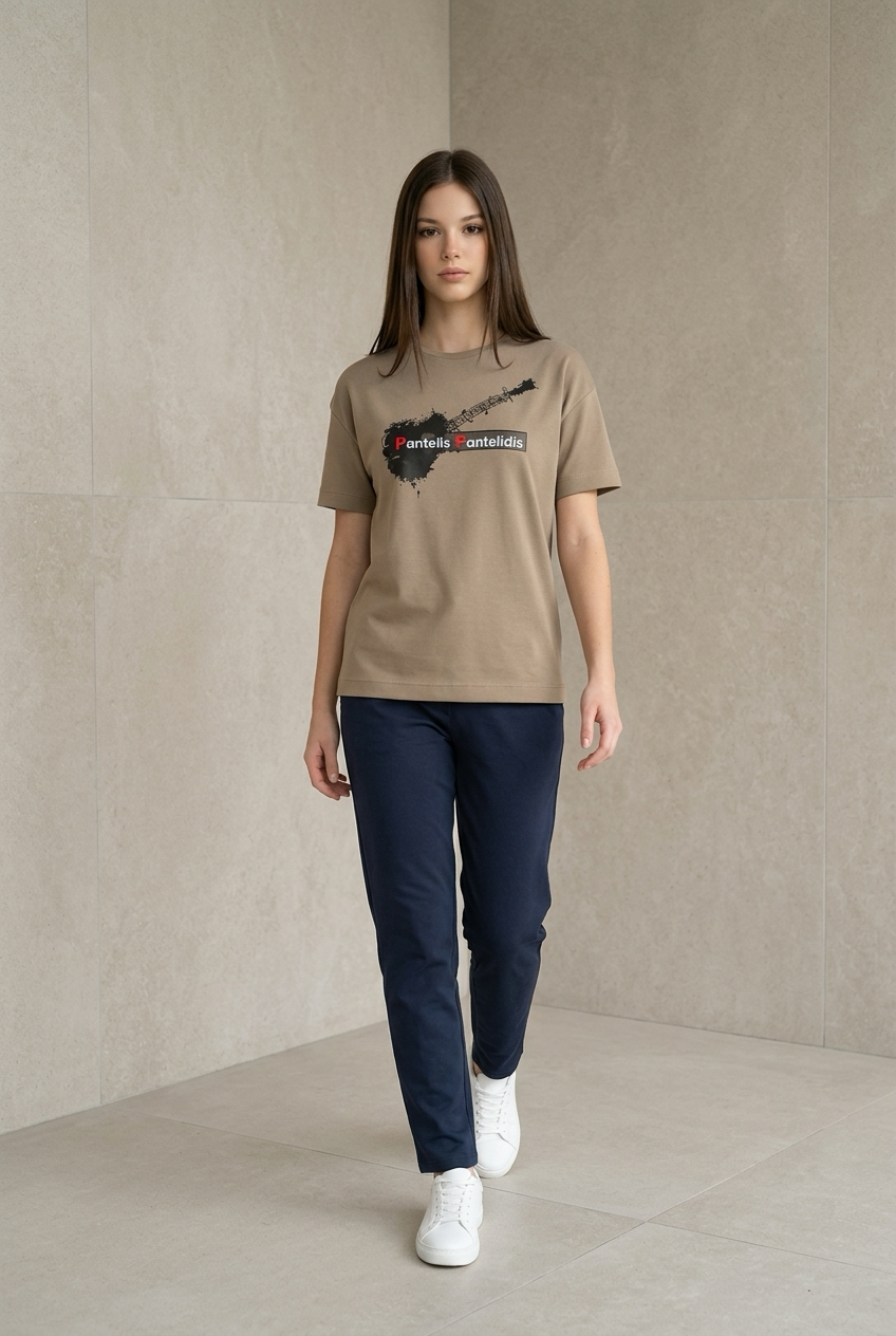 T-Shirt with Guitar “Pantelis Pantelidis” Beige-Brown