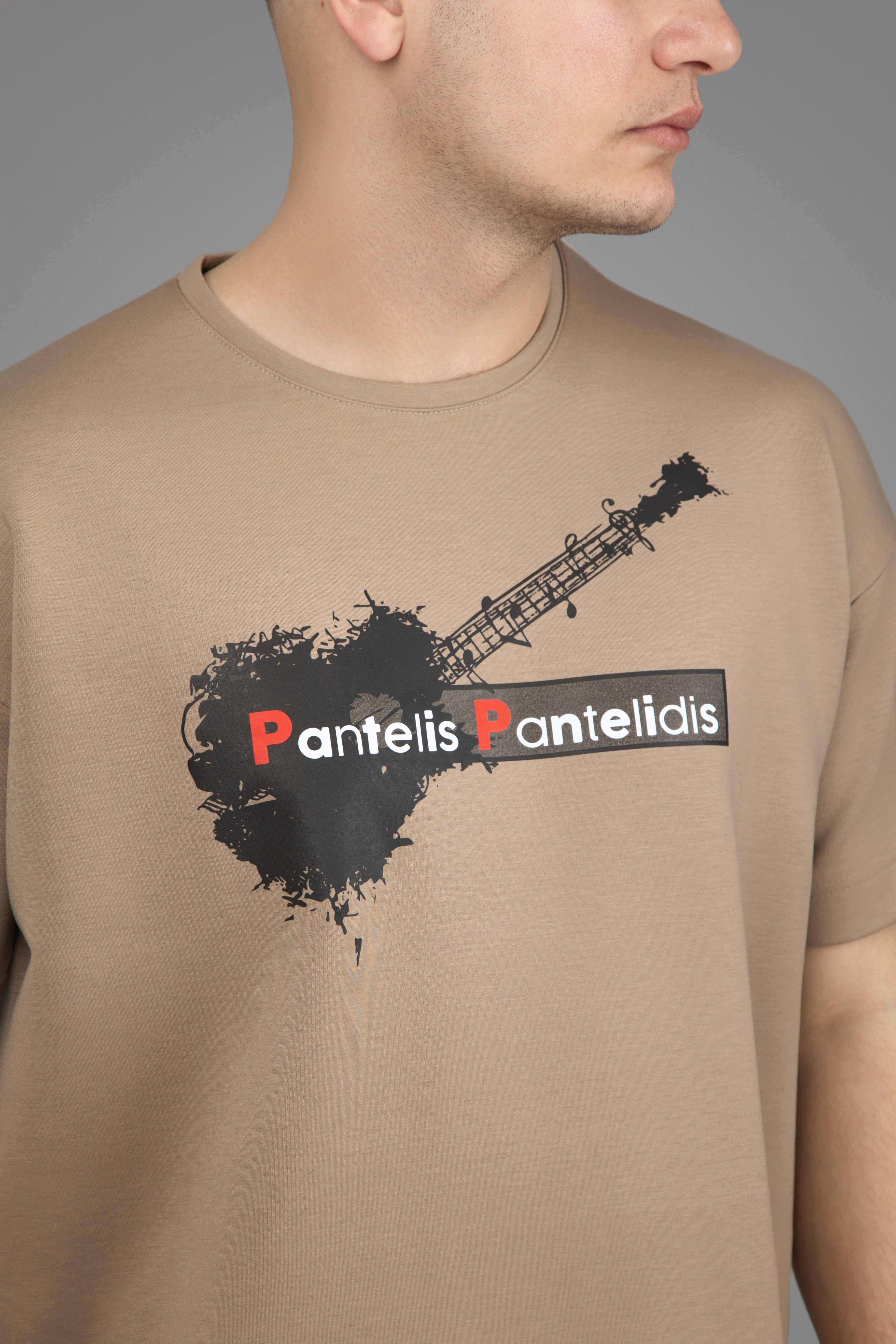 T-Shirt with Guitar “Pantelis Pantelidis” Beige-Brown