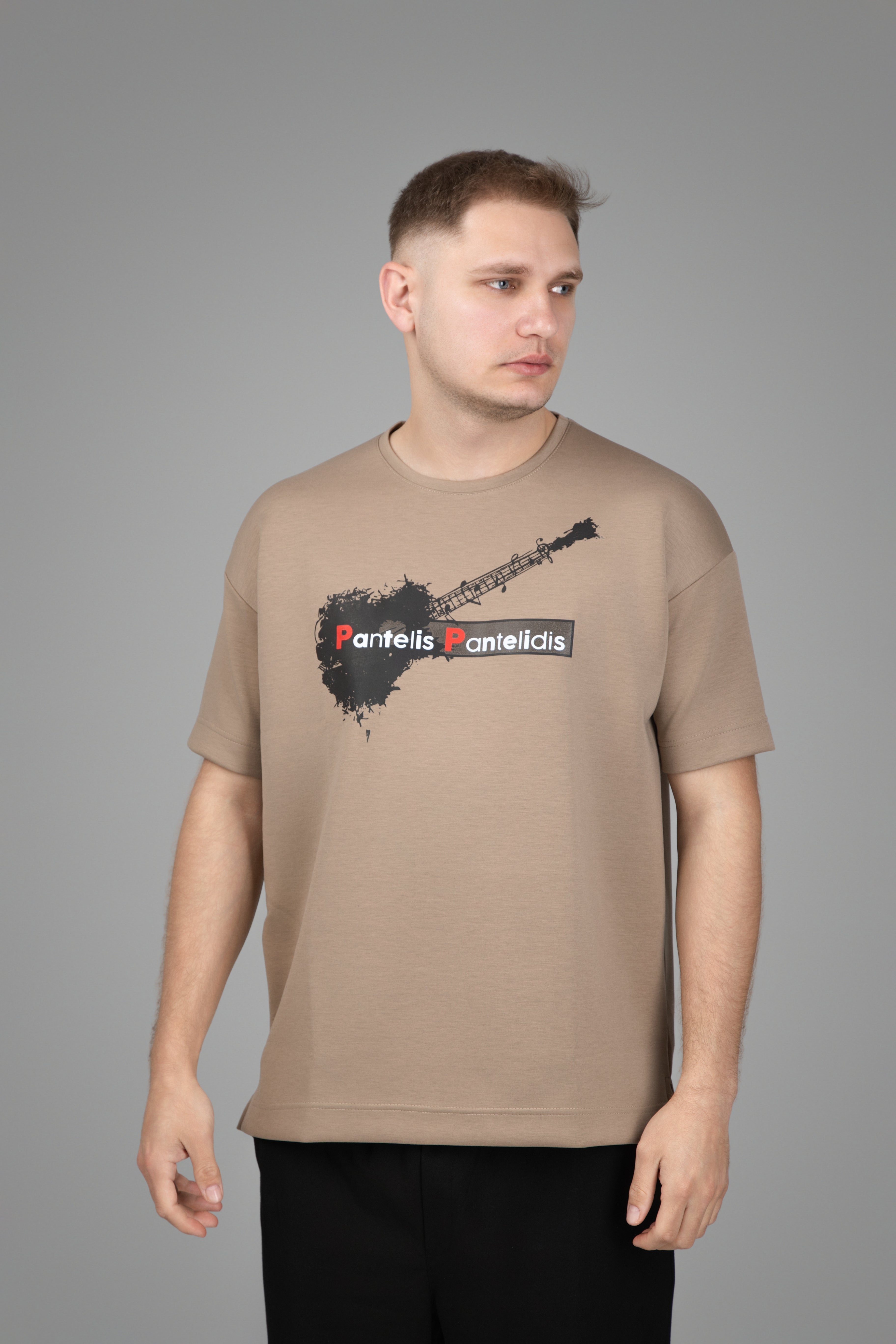 T-Shirt with Guitar “Pantelis Pantelidis” Beige-Brown