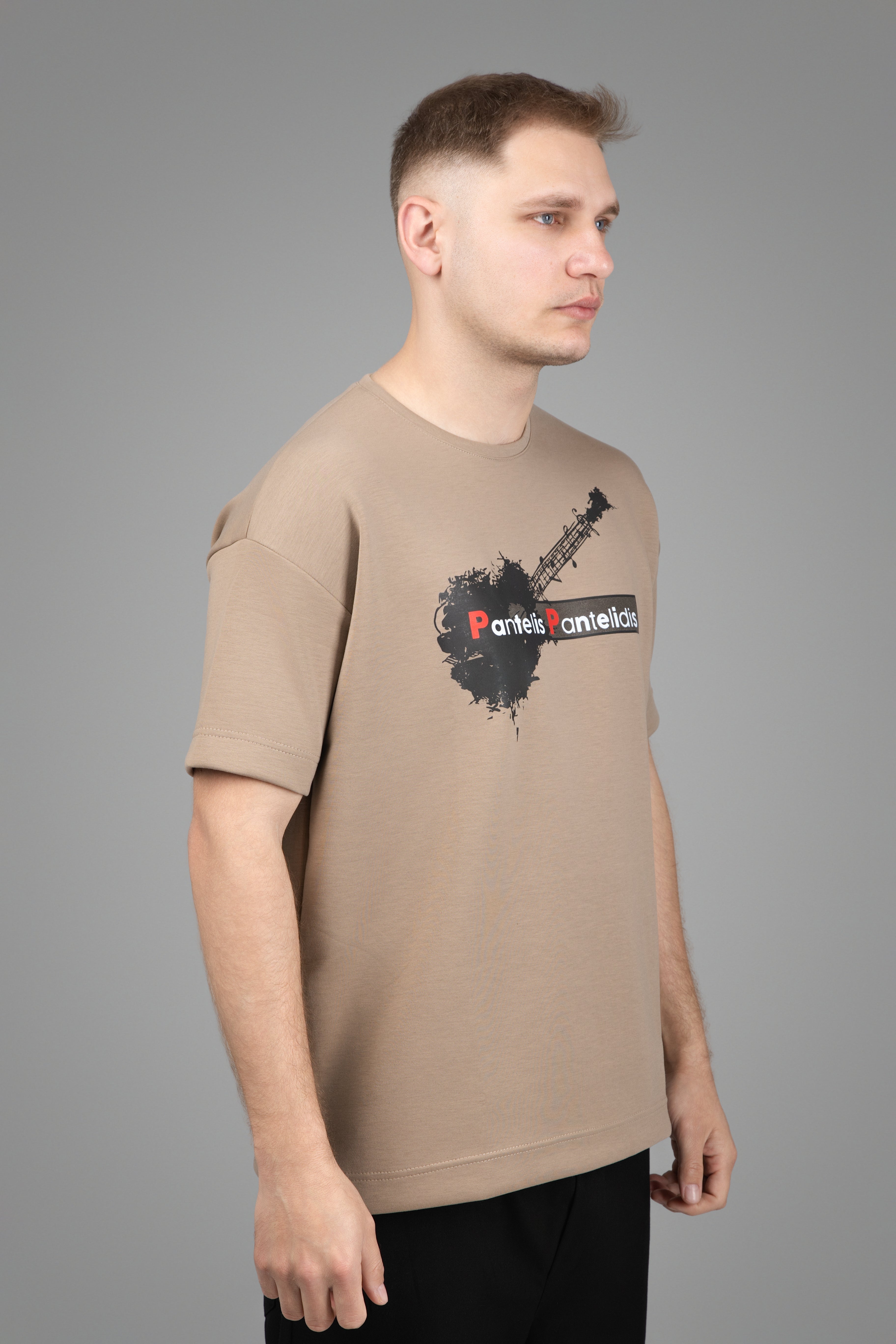 T-Shirt with Guitar “Pantelis Pantelidis” Beige-Brown