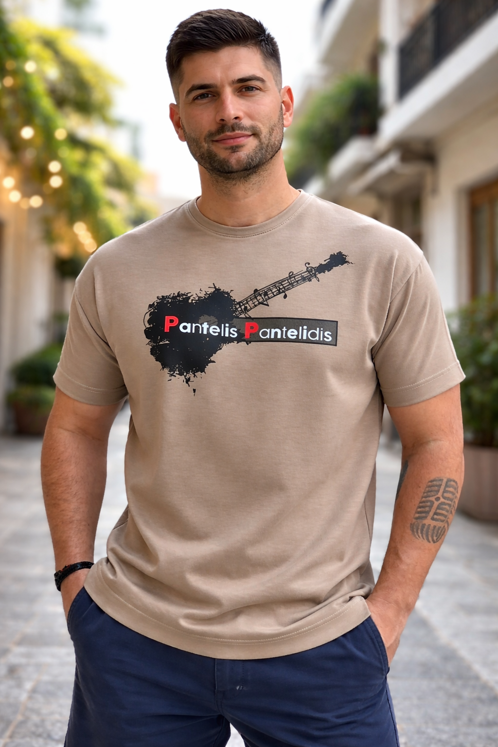 T-Shirt with Guitar “Pantelis Pantelidis” Beige-Brown
