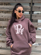 Καφέ Φούτερ Hoodie με απαλό ροζ κεντητό Λογότυπο “Pq”