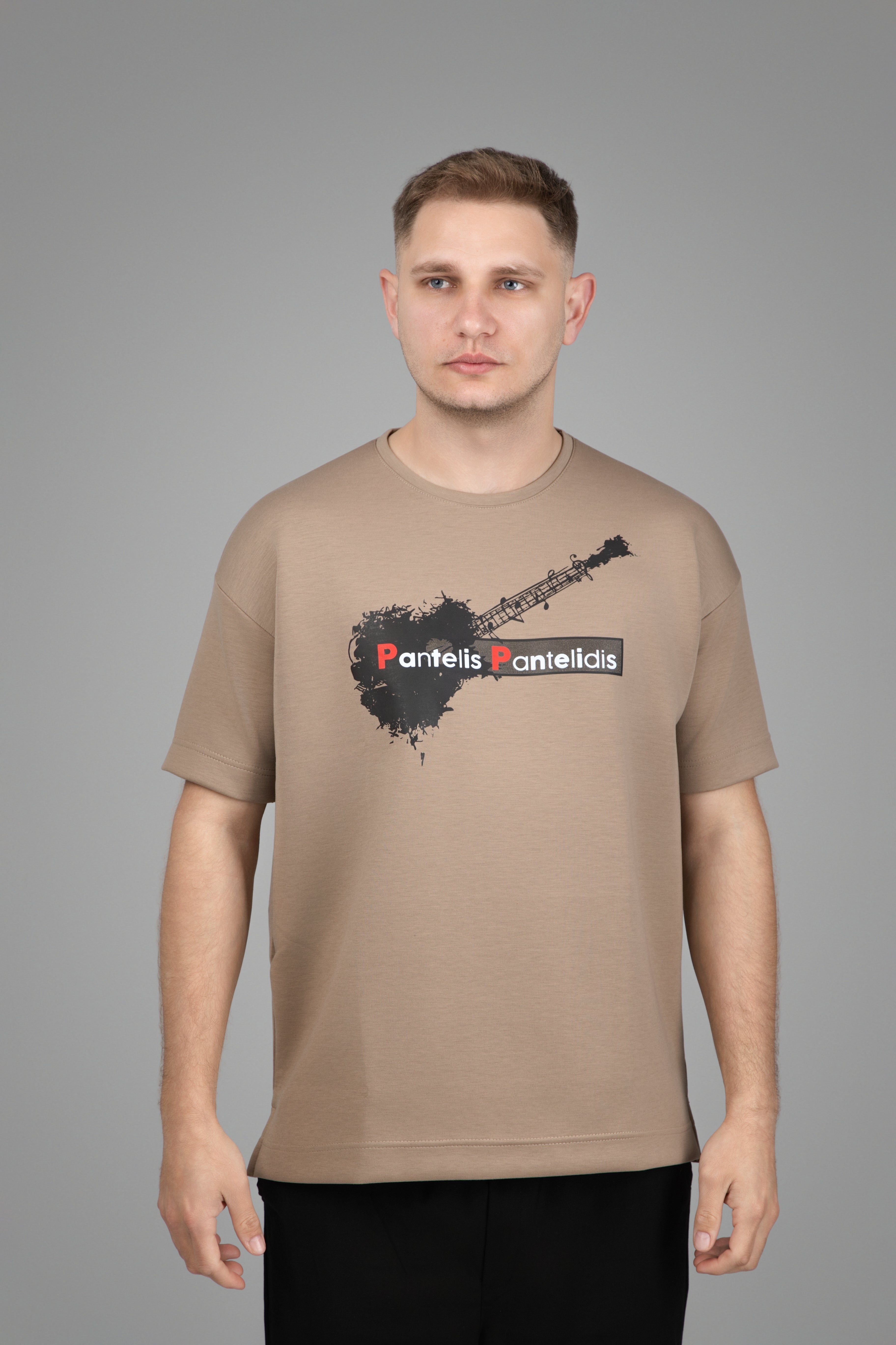 T-Shirt with Guitar “Pantelis Pantelidis” Beige-Brown